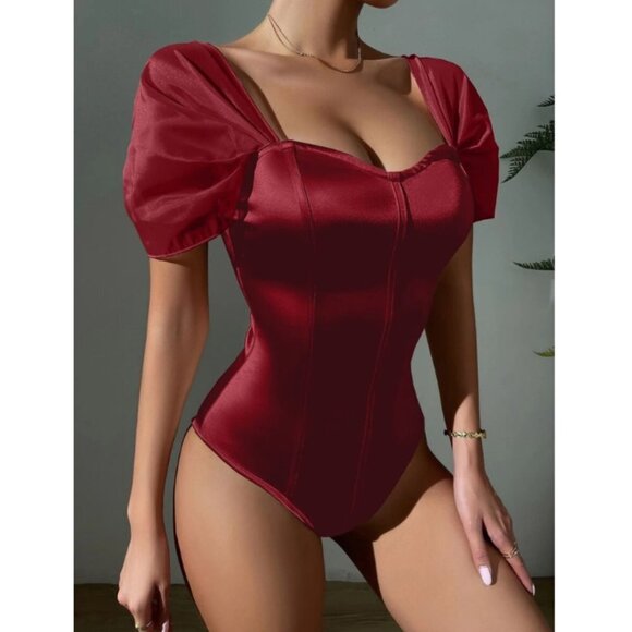 Merlot Satin Bodysuit Sweetheart Neck Sheer Puff Sleeves Size M - Picture 3 of 6